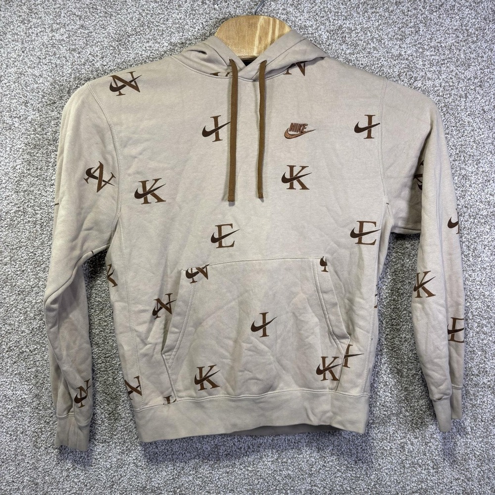 Nike Hoodie Mens‎ Small Beige Fleece Pullover Allover Swoosh Logo Sweatshirt